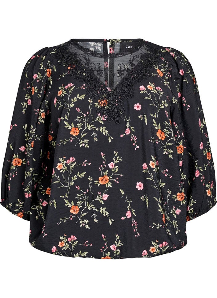 Blus med 3/4-&auml;rm och spetsdetaljer, Svart, Packshot image number 0