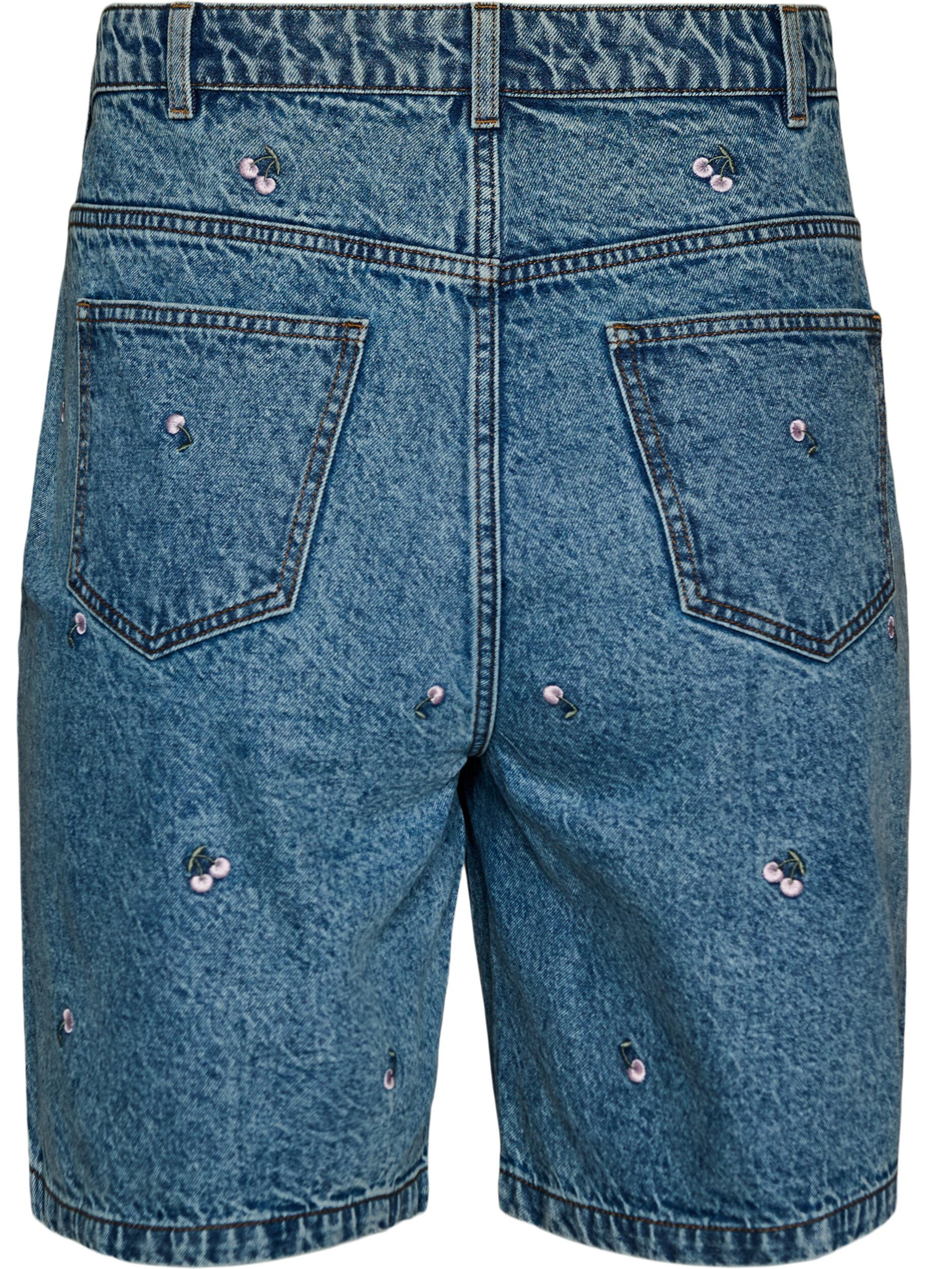 Zizzi Jeansshorts med h&ouml;g midja och broderade motiv, Bl&aring;, Packshot image number 1