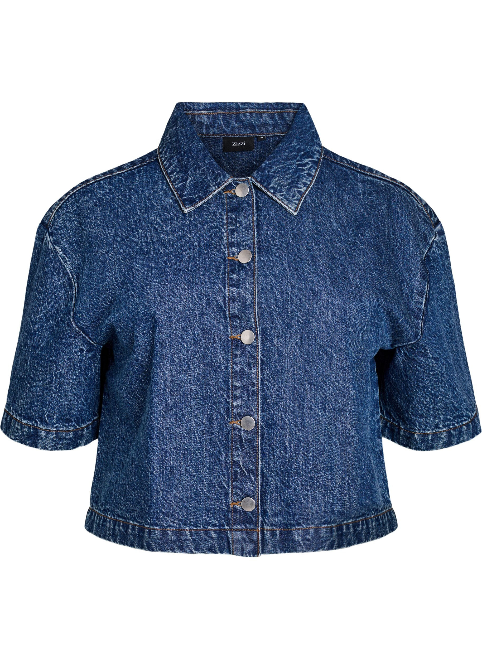 Kort&auml;rmad jeansjacka med kn&auml;ppning