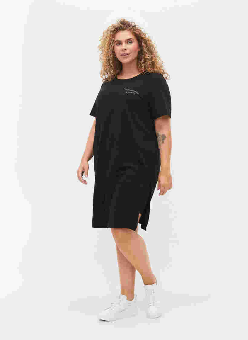 Lång t-shirt av bomull med tryckdetaljer, Black, Model image number 2