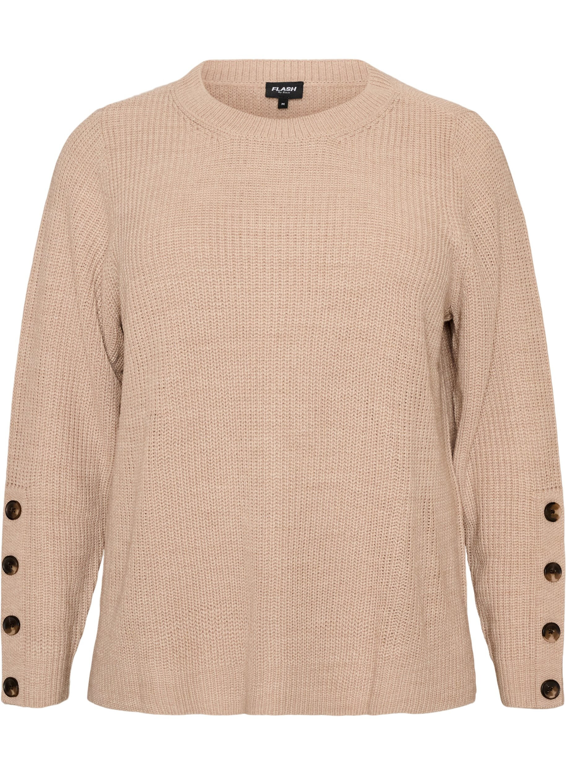 ZizziStickad blus med ribbstruktur och knappdetaljer, Beige, Packshot image number 0