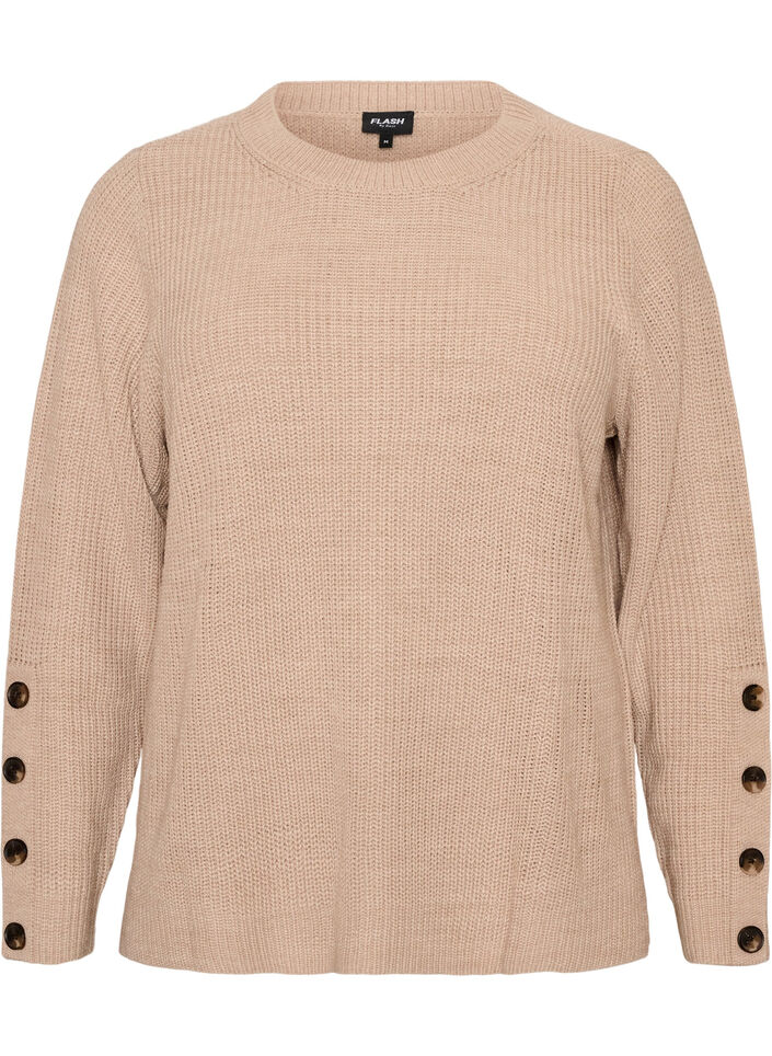 Stickad blus med ribbstruktur och knappdetaljer, Beige, Packshot image number 0