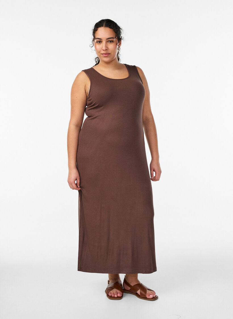 &Auml;rml&ouml;s ribbad kl&auml;nning i viskos, Brun, Model image number 0