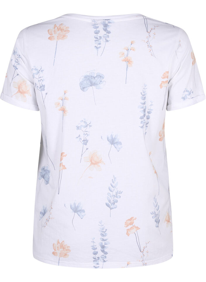 T-shirt i ekologisk bomull med blommigt tryck, White W. Blue flower, Packshot image number 1