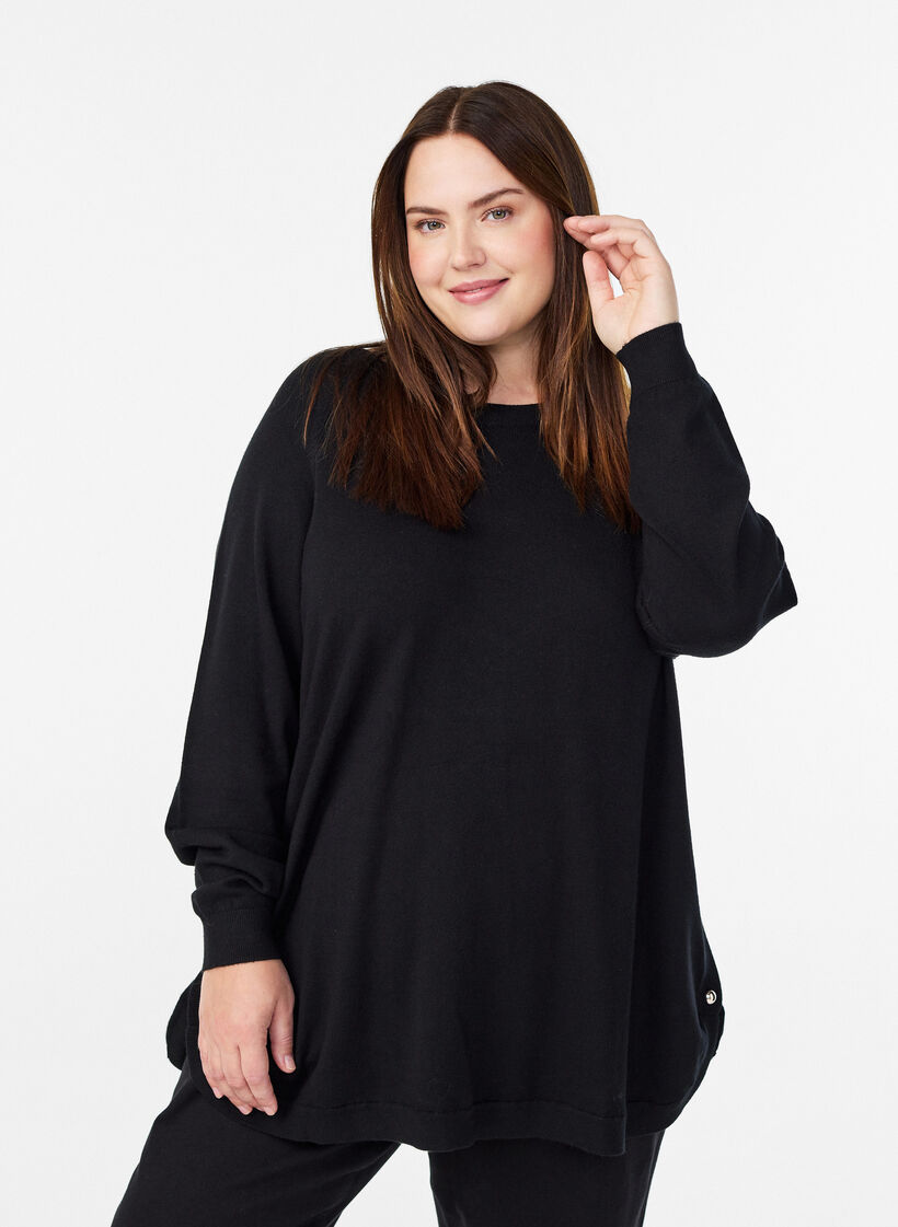 Stickad blus med knappar i sidan, Svart, Model image number 0