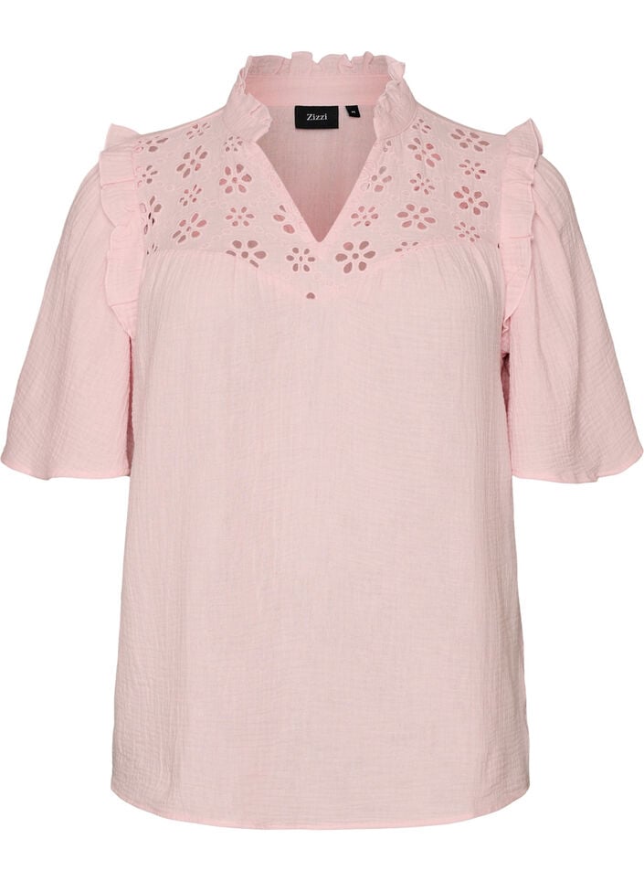 Blus i bomullsmuslin med broderie anglaise och 1/2-&auml;rm, Rosa, Packshot image number 0
