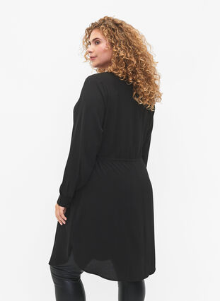 Mönstrad klänning med dragsko i midjan, Black, Model image number 1
