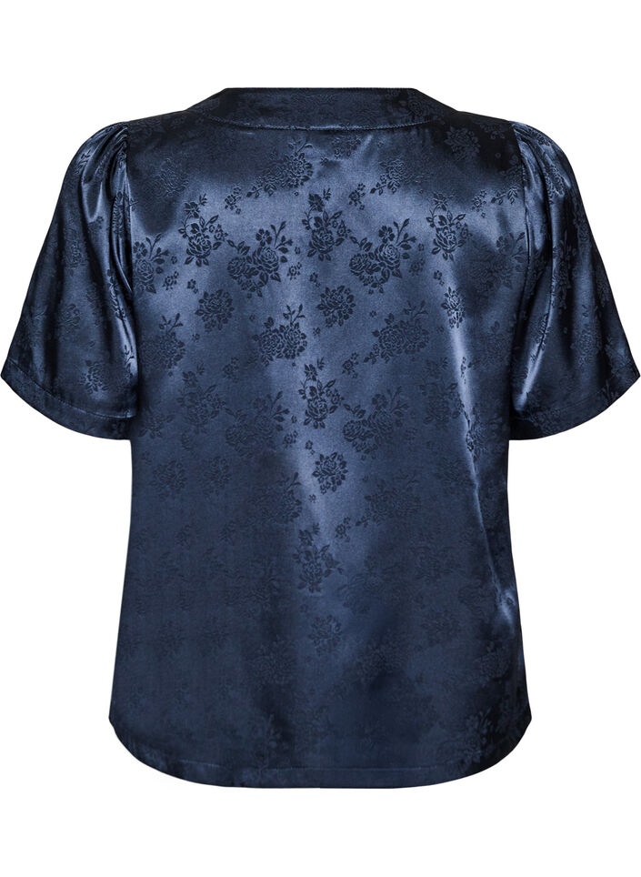 Blus i satin med blommigt m&ouml;nster och v-ringning, Bl&aring;, Packshot image number 1