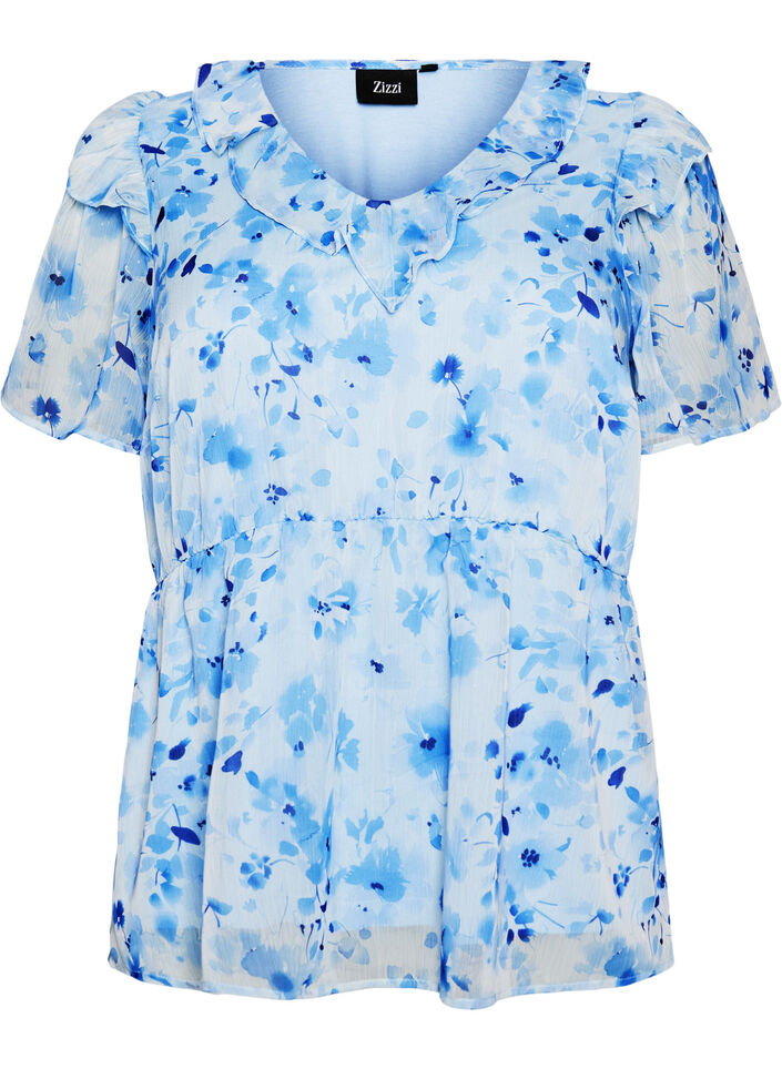Blommig blus med volangkrage och peplumeffekt, Bl&aring;, Packshot image number 0