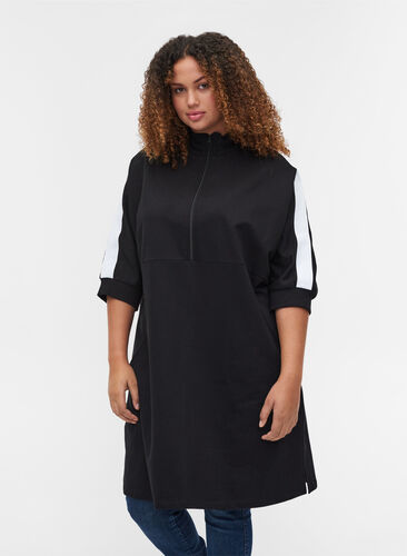 Sweatshirtklänning i bomull med dragkedja och 3/4 ärmar, Black, Model image number 0