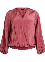 Blus med v-ringning och krinklad textur, Rosa