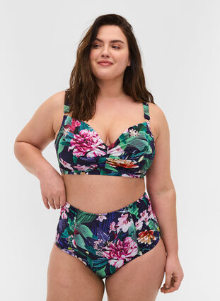 Bikiniunderdel med hög midja och blommigt tryck, Flower Print, Model image number 0