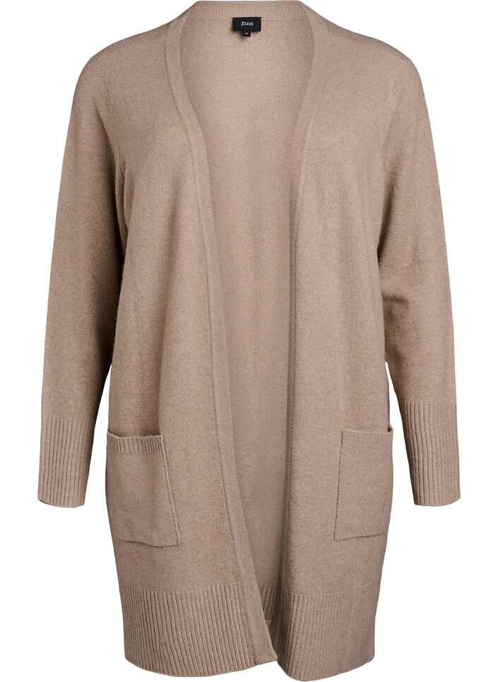 Ribbstickad kofta med fickor, Beige, Packshot image number 0