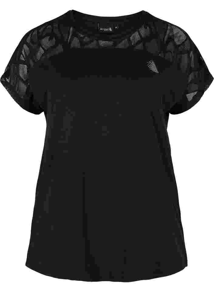 Kortärmad tränings t-shirt med mönstrad mesh, Black