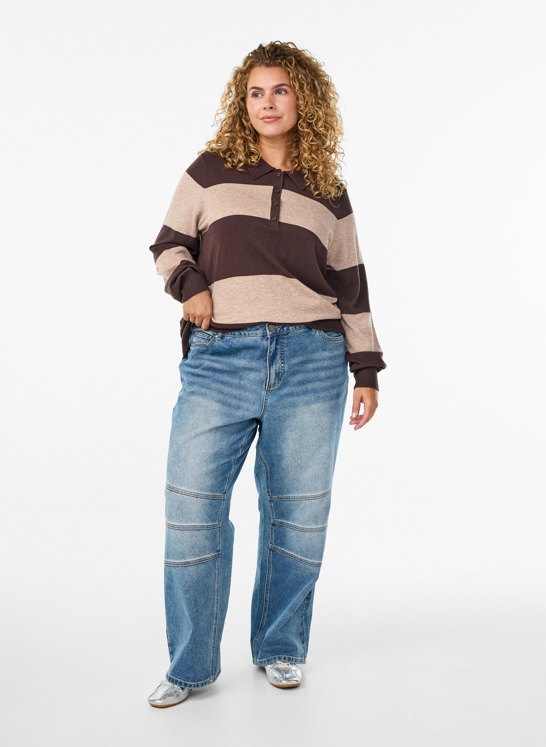 Zizzi Stickad blus med krage, Brun, Model image number 1