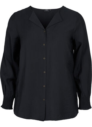 Skjorta i viskos med smockade ärmar, Black, Packshot image number 0