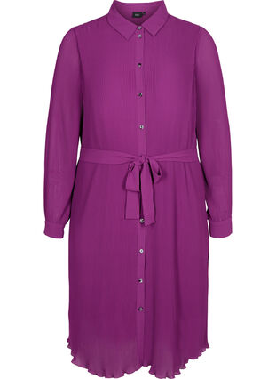 Plisserad skjortklänning med knytband, Grape Juice, Packshot image number 0