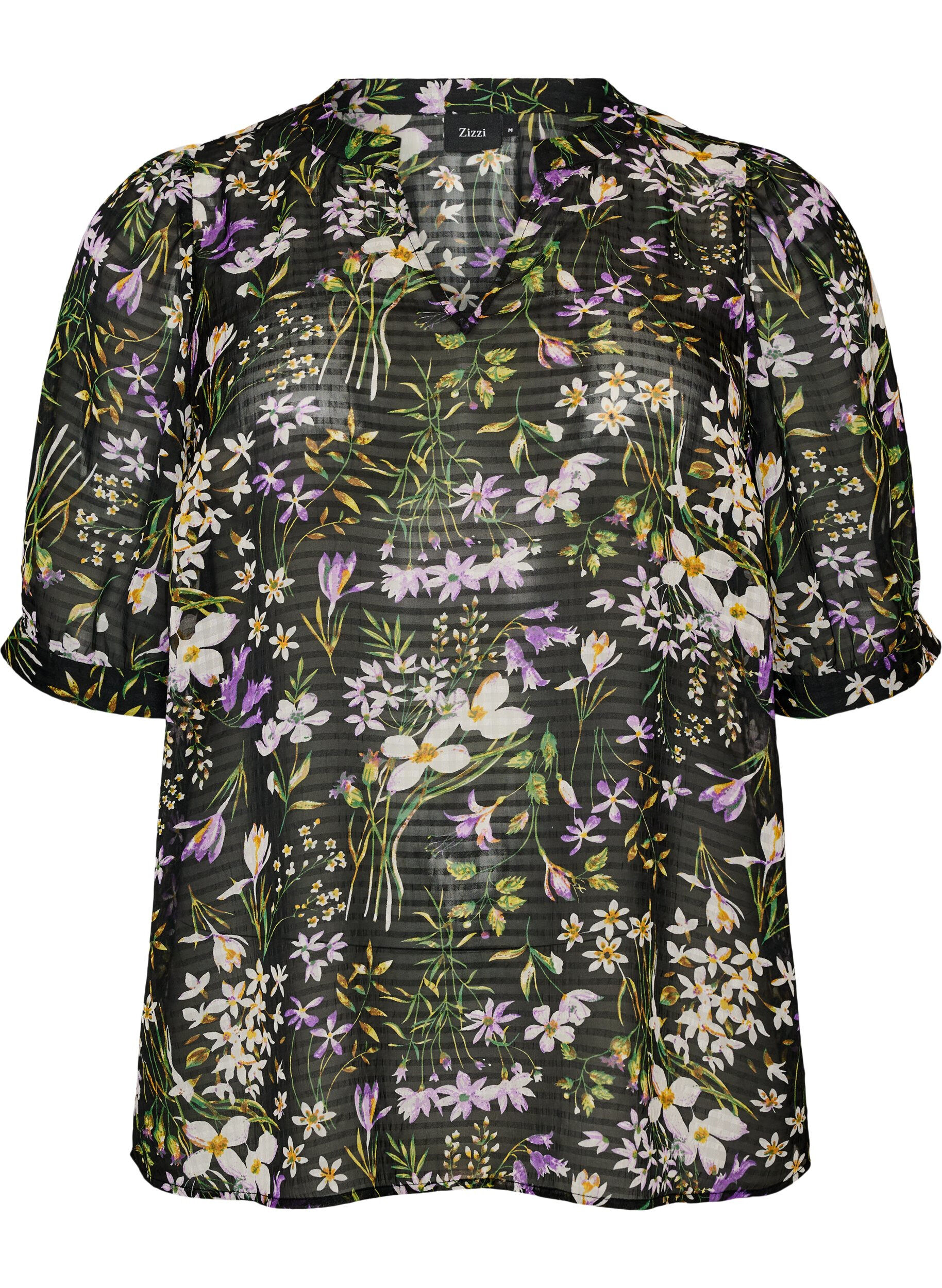 ZizziBlus med blommigt m&ouml;nster och v-ringning, Svart, Packshot image number 0