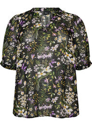 Blus med blommigt m&ouml;nster och v-ringning, Svart