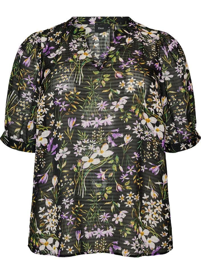 Blus med blommigt m&ouml;nster och v-ringning, Svart, Packshot image number 0