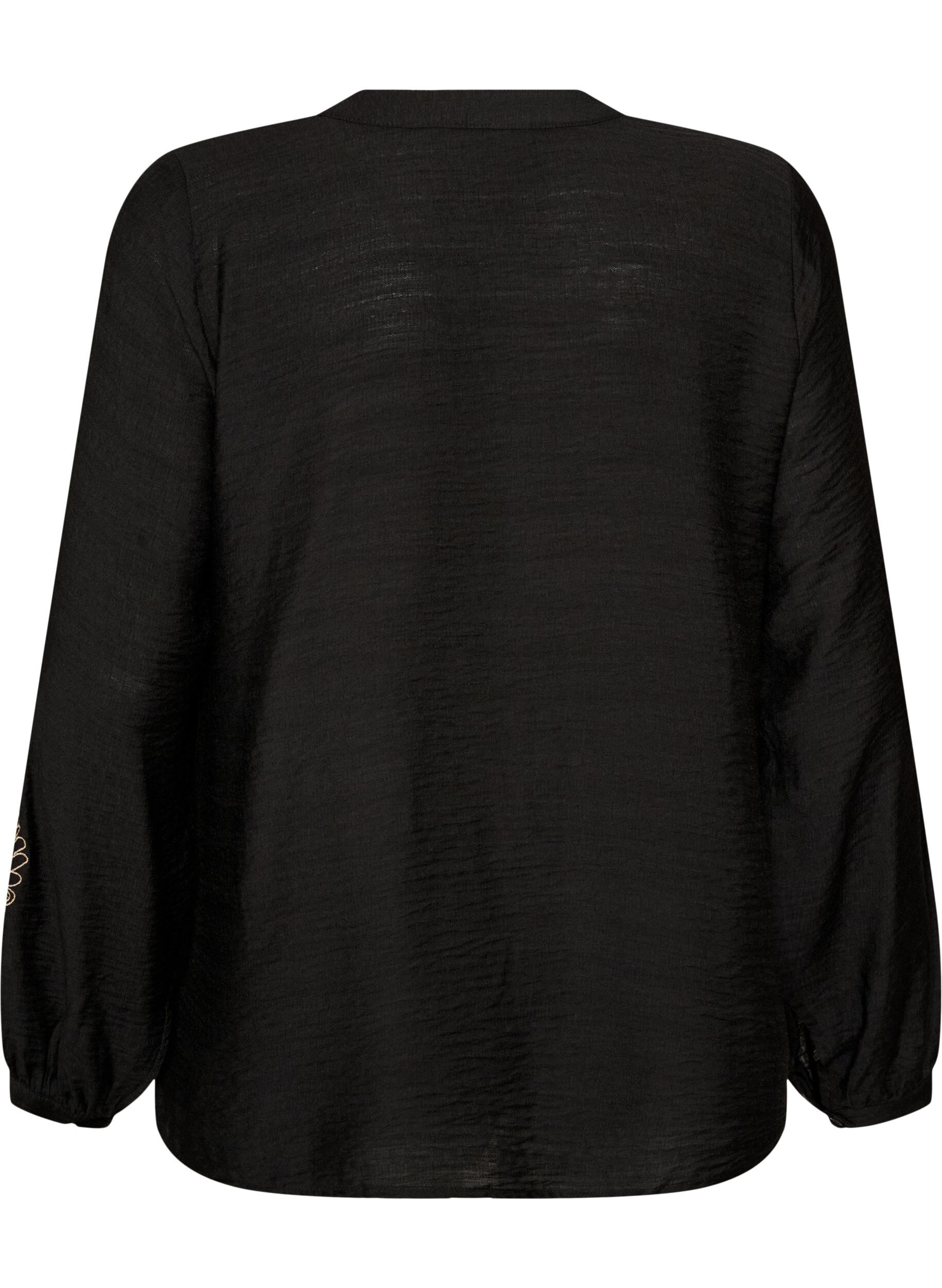 ZizziSkjorta i viskos med broderade &auml;rmar, Svart, Packshot image number 1
