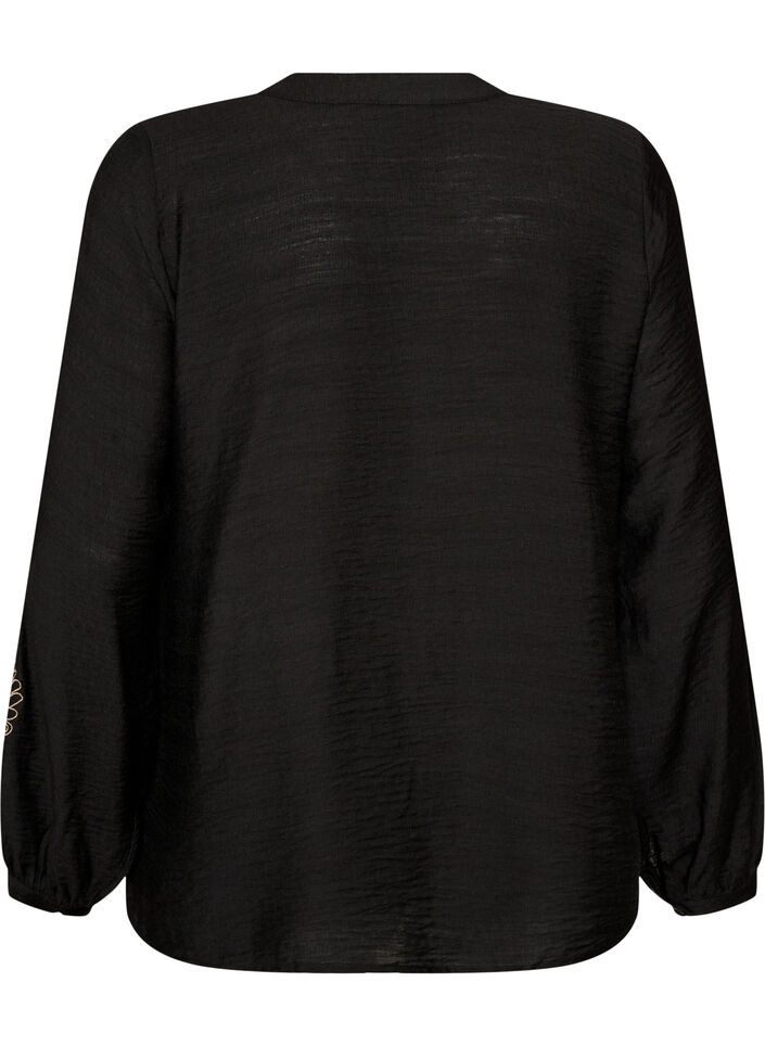 Skjorta i viskos med broderade &auml;rmar, Svart, Packshot image number 1