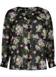 Skjorta med v-ringning och mönster, Black/Beige Flower
