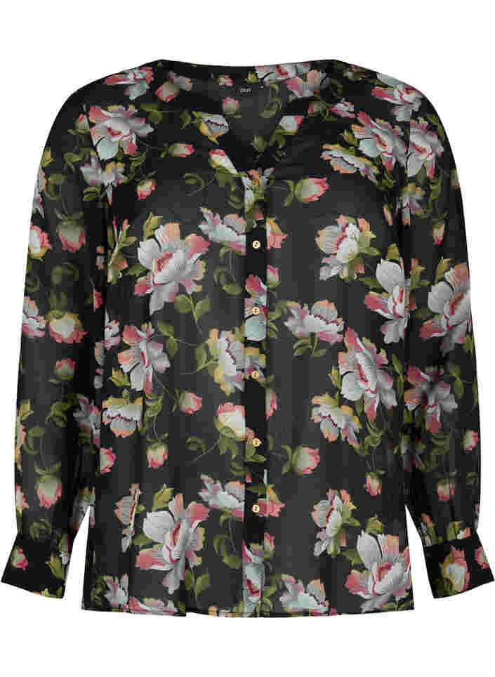 Skjorta med v-ringning och mönster, Black/Beige Flower, Packshot image number 0
