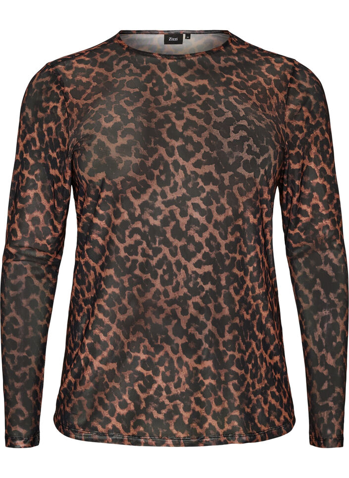 Blus i mesh med m&ouml;nster, Brun, Packshot image number 0