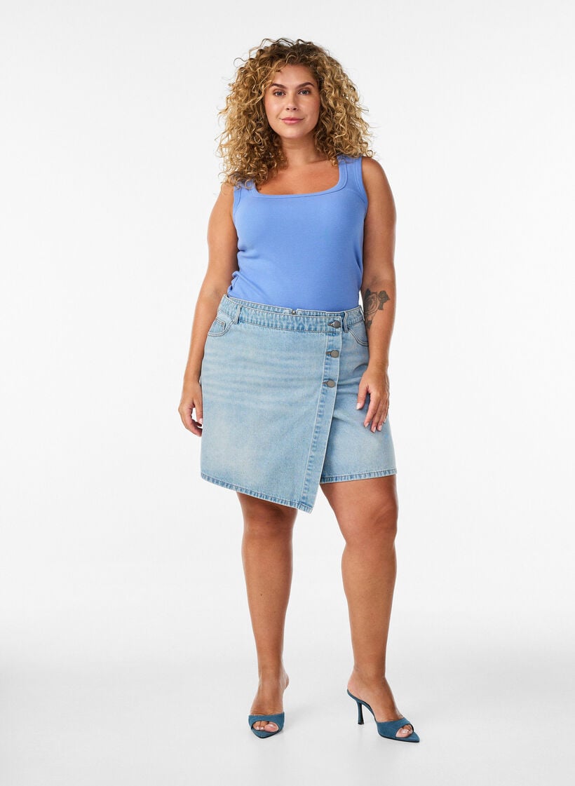 Denimskorts med omlotteffekt och h&ouml;g midja, Bl&aring;, Model image number 1