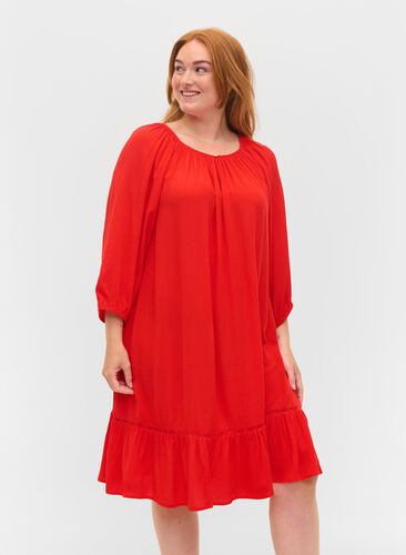 Viskosklänning med 3/4-ärmar, Fiery Red, Model image number 0