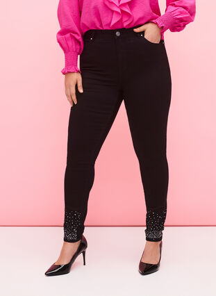 Högmidjade Amy-jeans med strassstenar, Black, Model image number 2