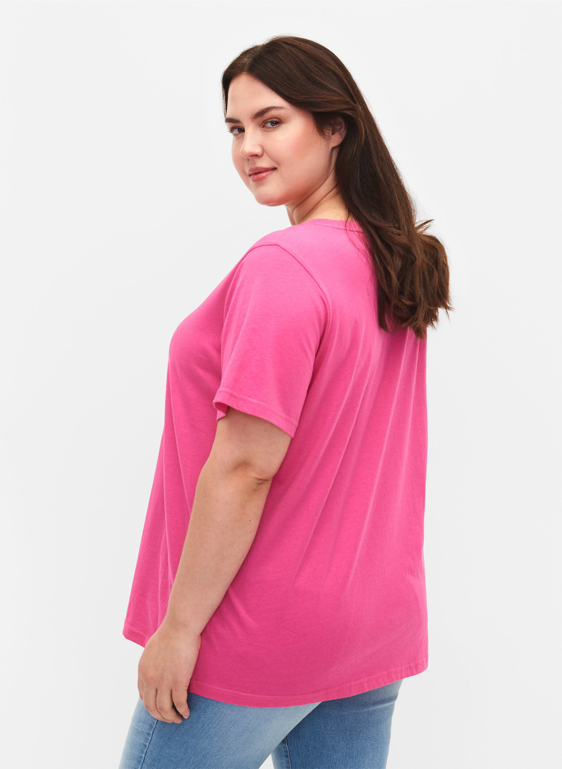 Zizzi T-shirt i bomull med texttryck, Shocking Pink W. LOS, Model image number 1