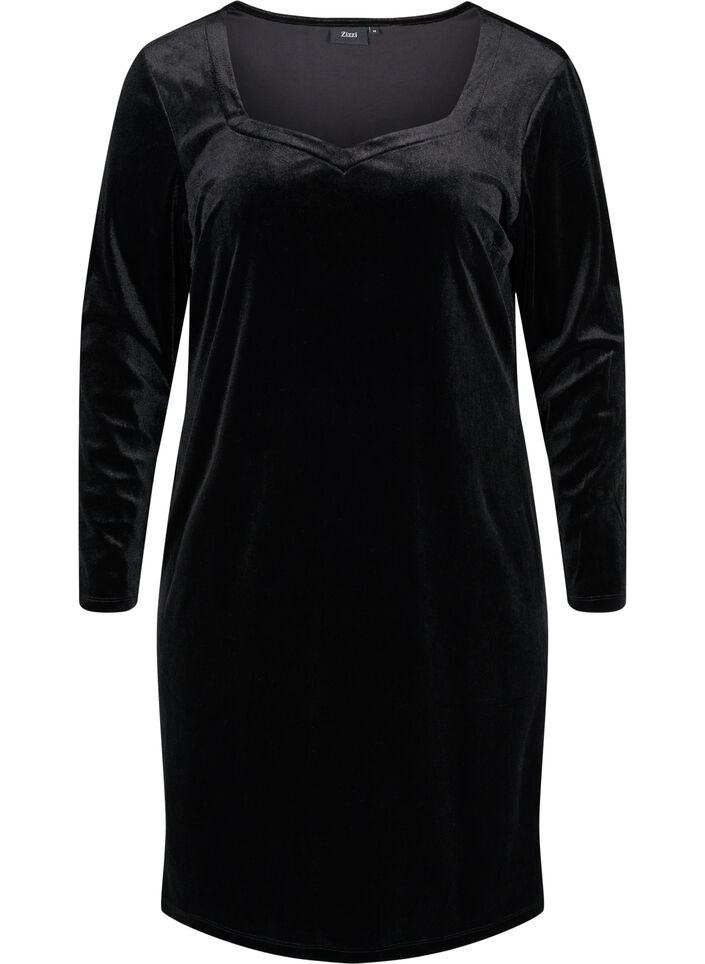 Klänning i velour med långa ärmar, Black, Packshot image number 0