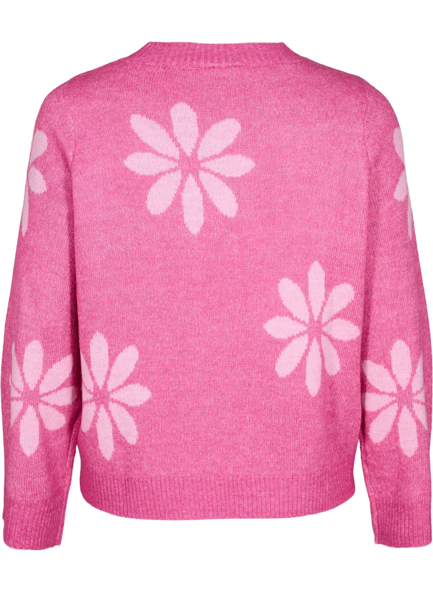 Zizzi Stickad blus med blommor, Raspberry Rose Comb, Packshot image number 1