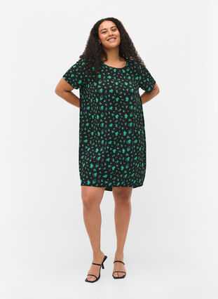 Mönstrad klänning med korta ärmar, Green Flower AOP, Model image number 2