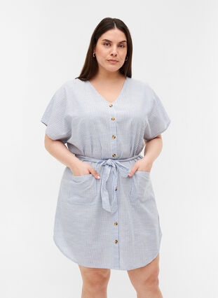 Randig skjortklänning i bomull med fickor, Country Blue Stripe, Model image number 0