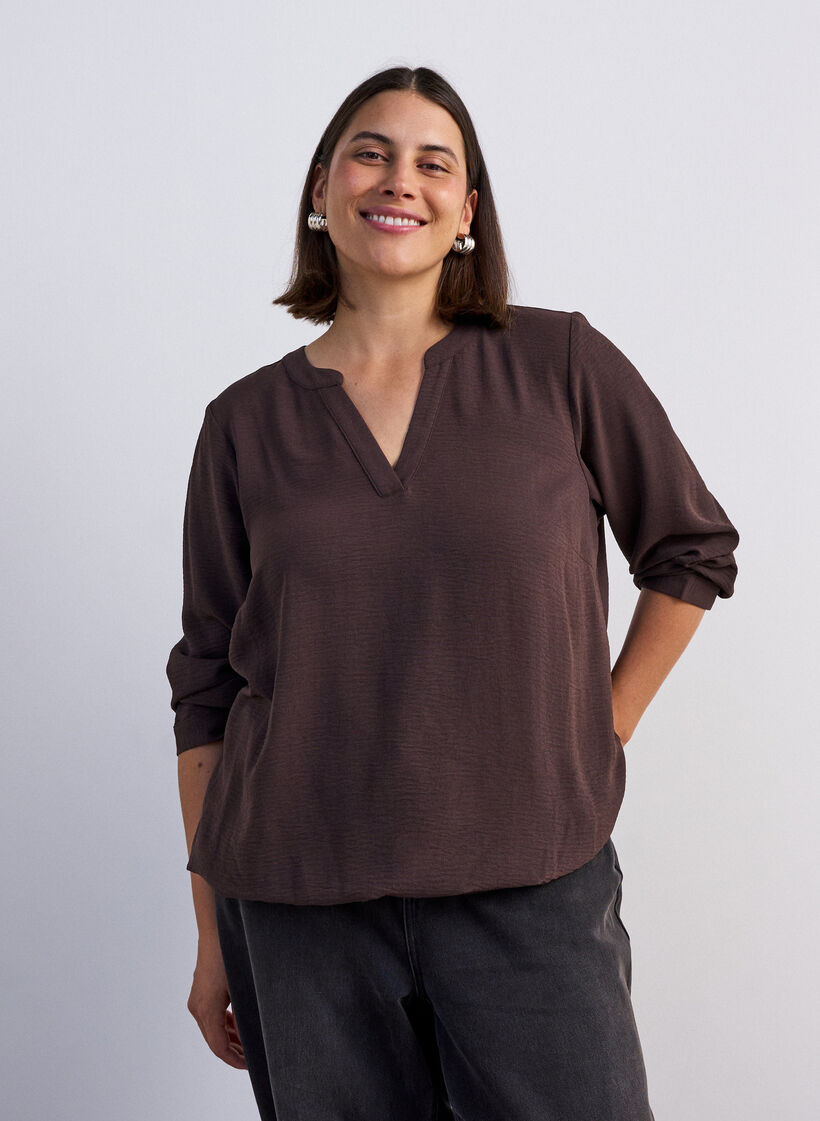 Blus i ballongsilhuett med v-ringning, Brun, Model image number 0