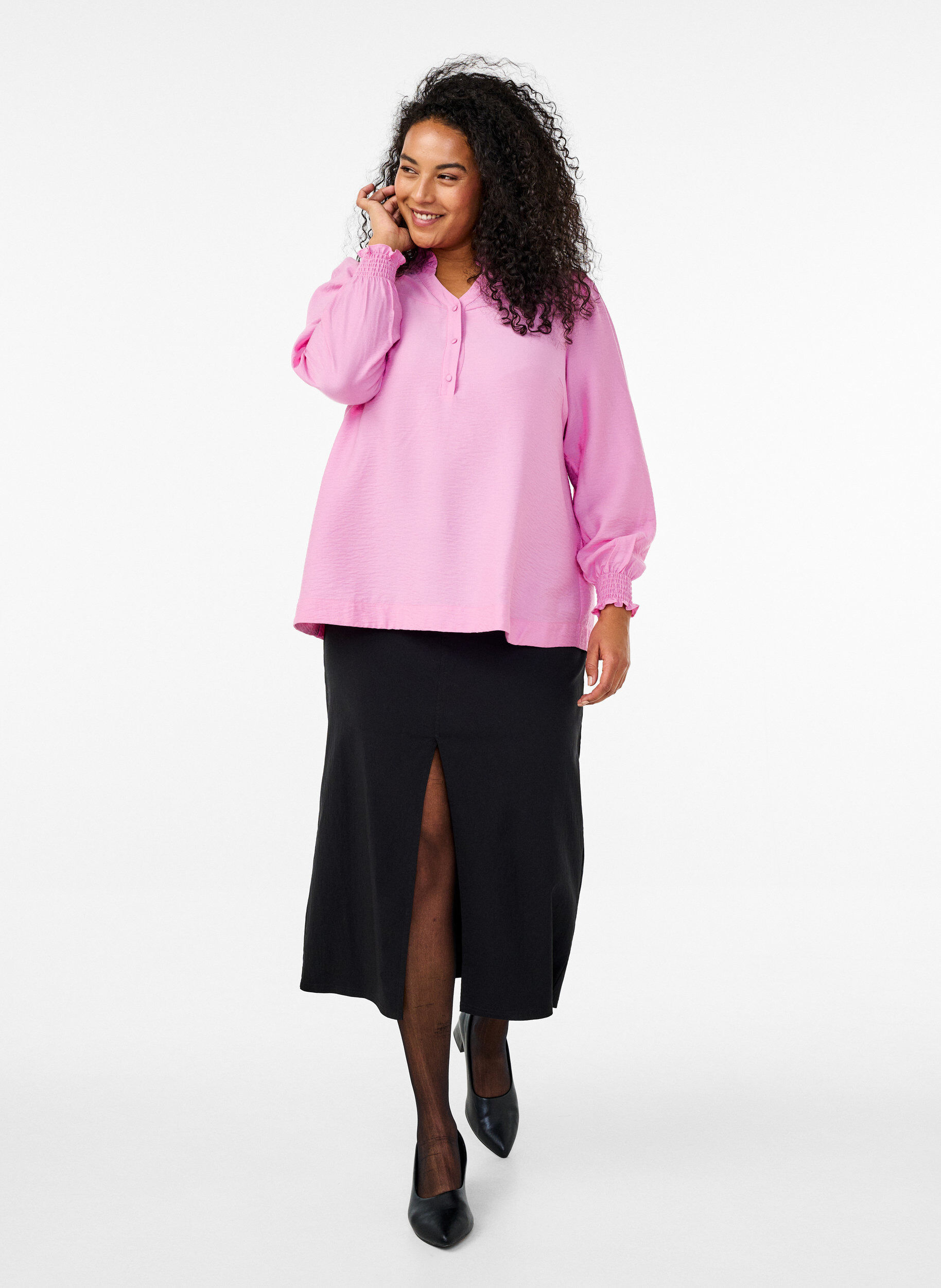 Zizzi Blus med volangkrage, Rosa, Model image number 1