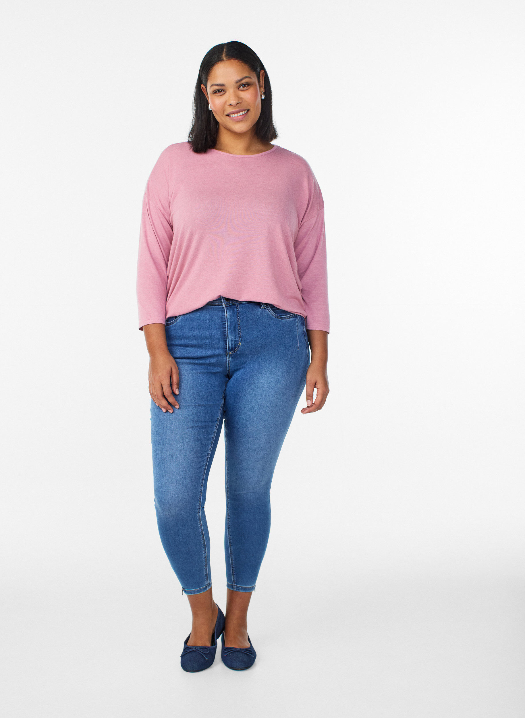 Croppade Amy jeans med dragkedja, Bl&aring;, Model