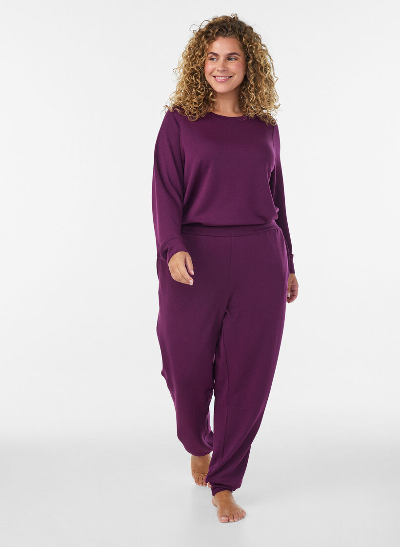 Byxor i jersey med h&ouml;g midja och fickor, Lila, Model image number 0