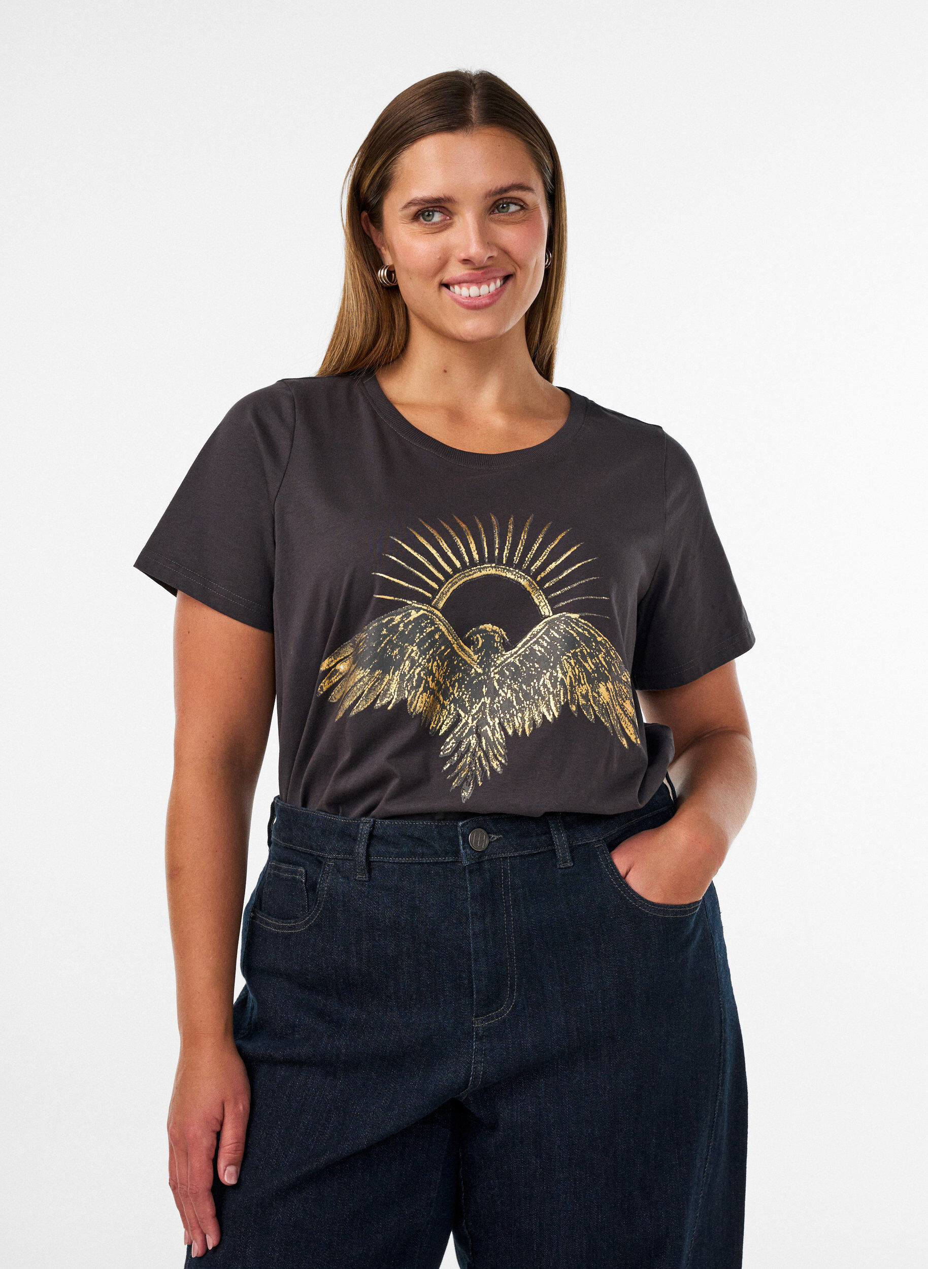 T-shirt i bomull med tryck framtill, Gr&aring;, Model