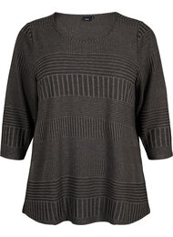 Blus med trekvartsärm och randigt mönster, Dark Grey Melange