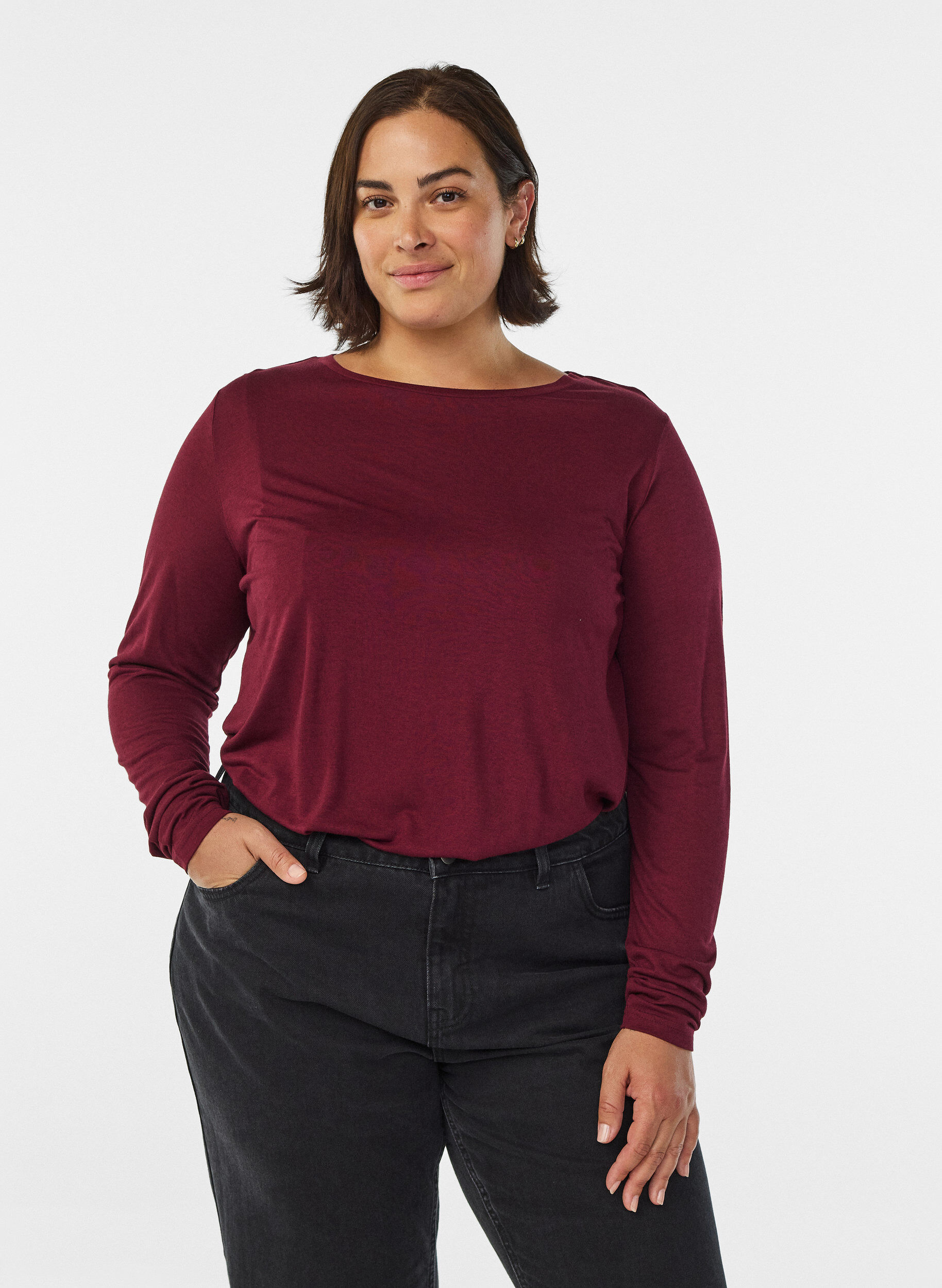 ZizziL&aring;ng&auml;rmad blus i ull och viskos, M&ouml;rk Bordeaux, Model image number 0