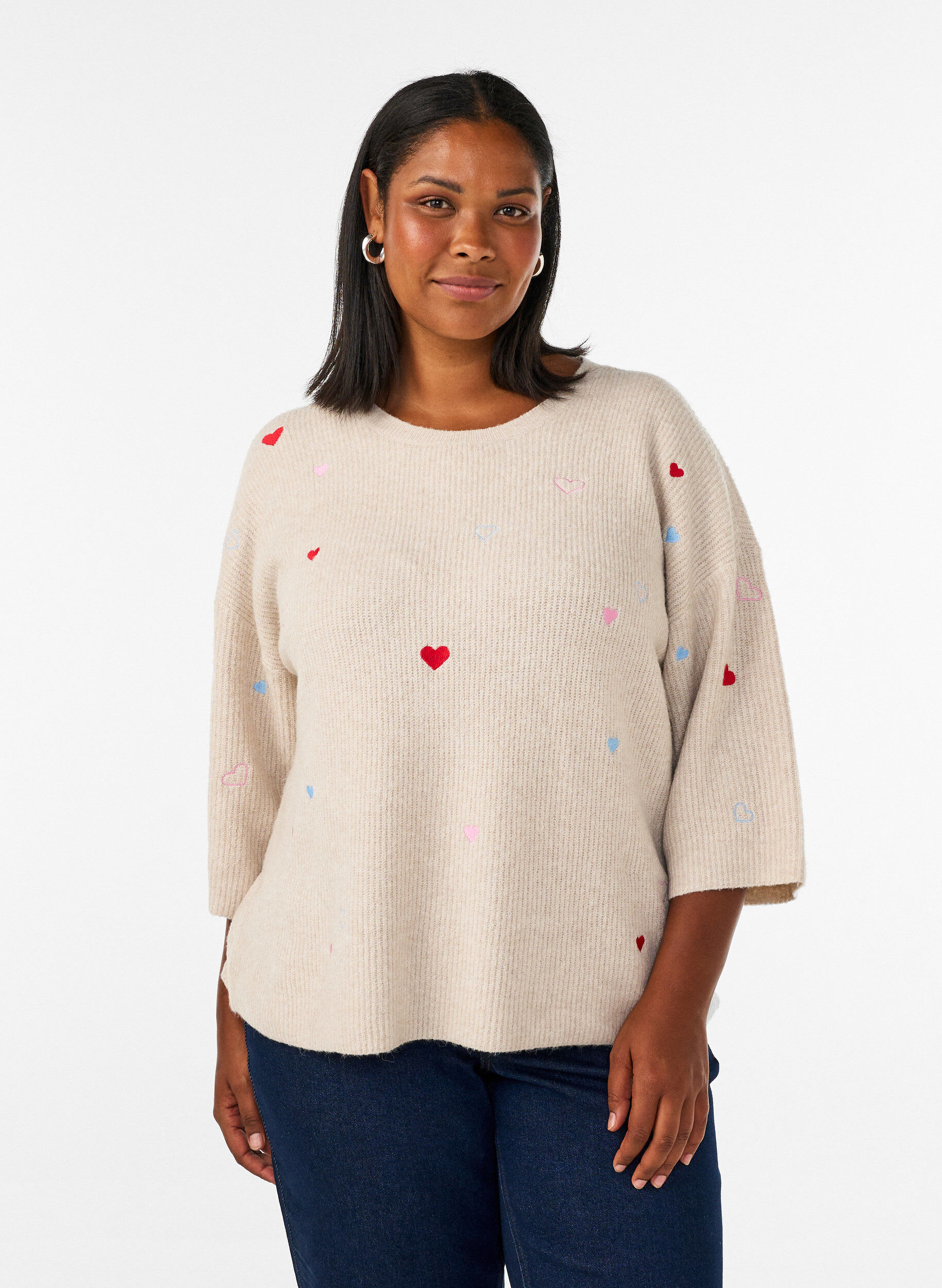 Stickad blus med hj&auml;rtan och 3/4-&auml;rmar, Beige, Model