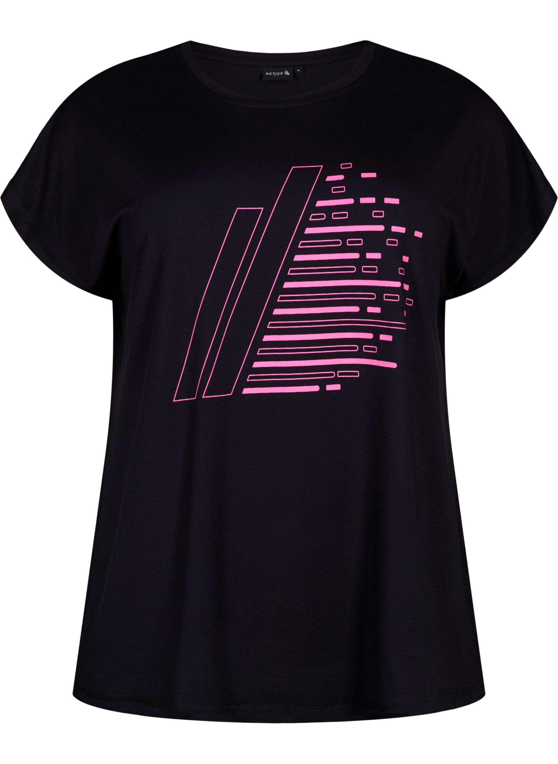 Zizzi Kort&auml;rmad tr&auml;nings t-shirt med tryck, Black/Sugar Plum, Packshot image number 0
