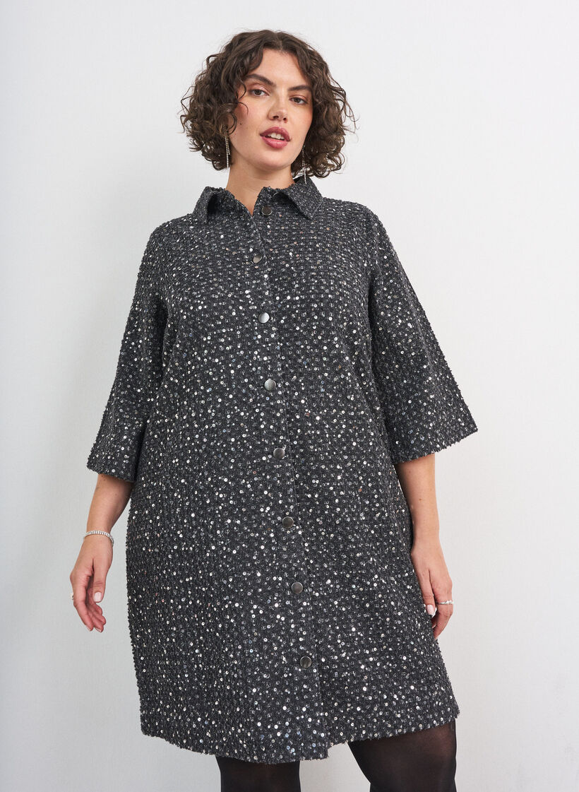 Kl&auml;nning i denim med paljetter och 3/4-&auml;rmar, Svart, Model image number 0
