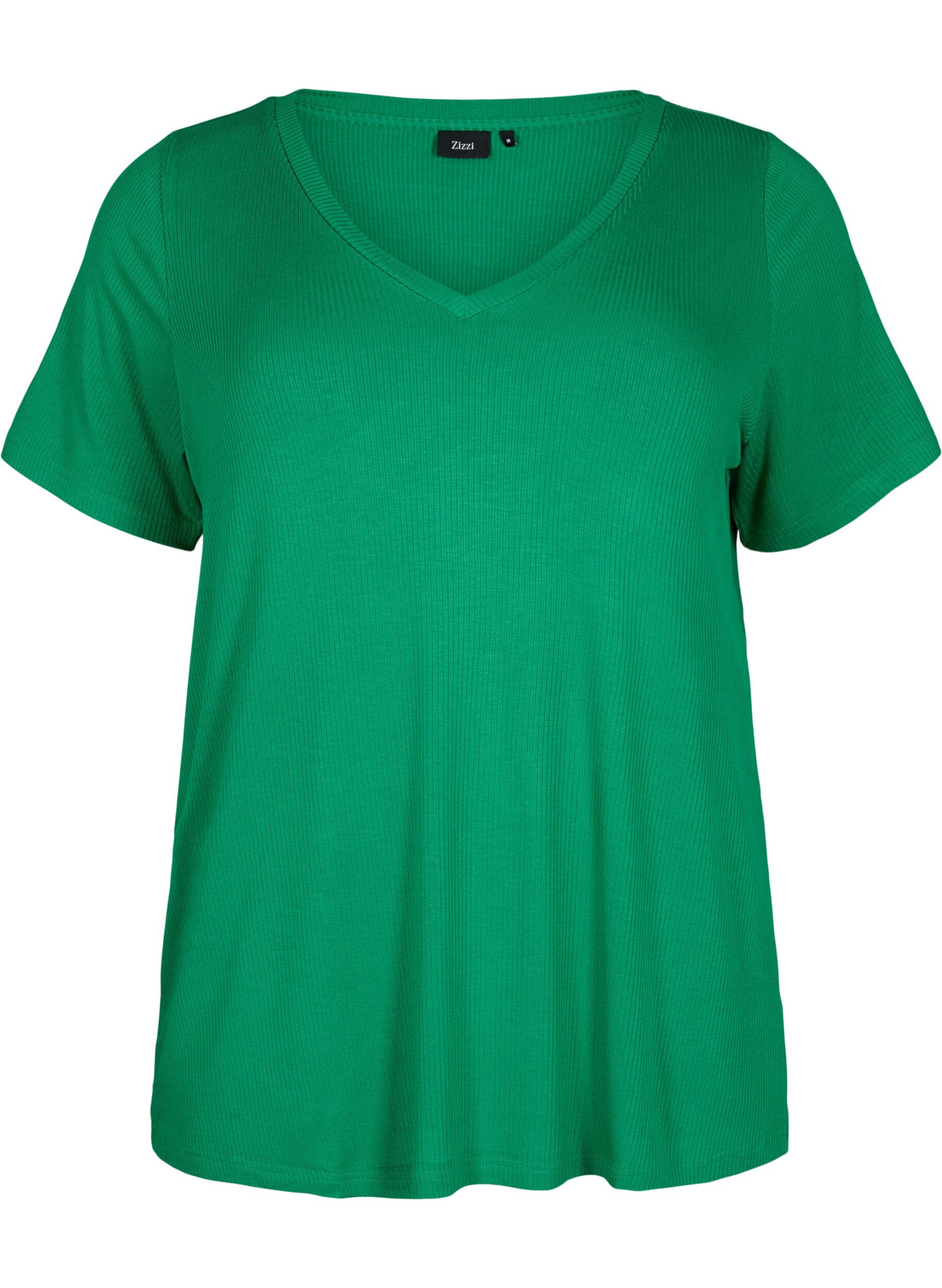 Zizzi T-shirt i ribbad viskos med v-ringning, Jolly Green, Packshot image number 0