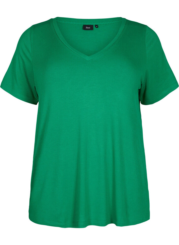 T-shirt i ribbad viskos med v-ringning, Jolly Green, Packshot image number 0