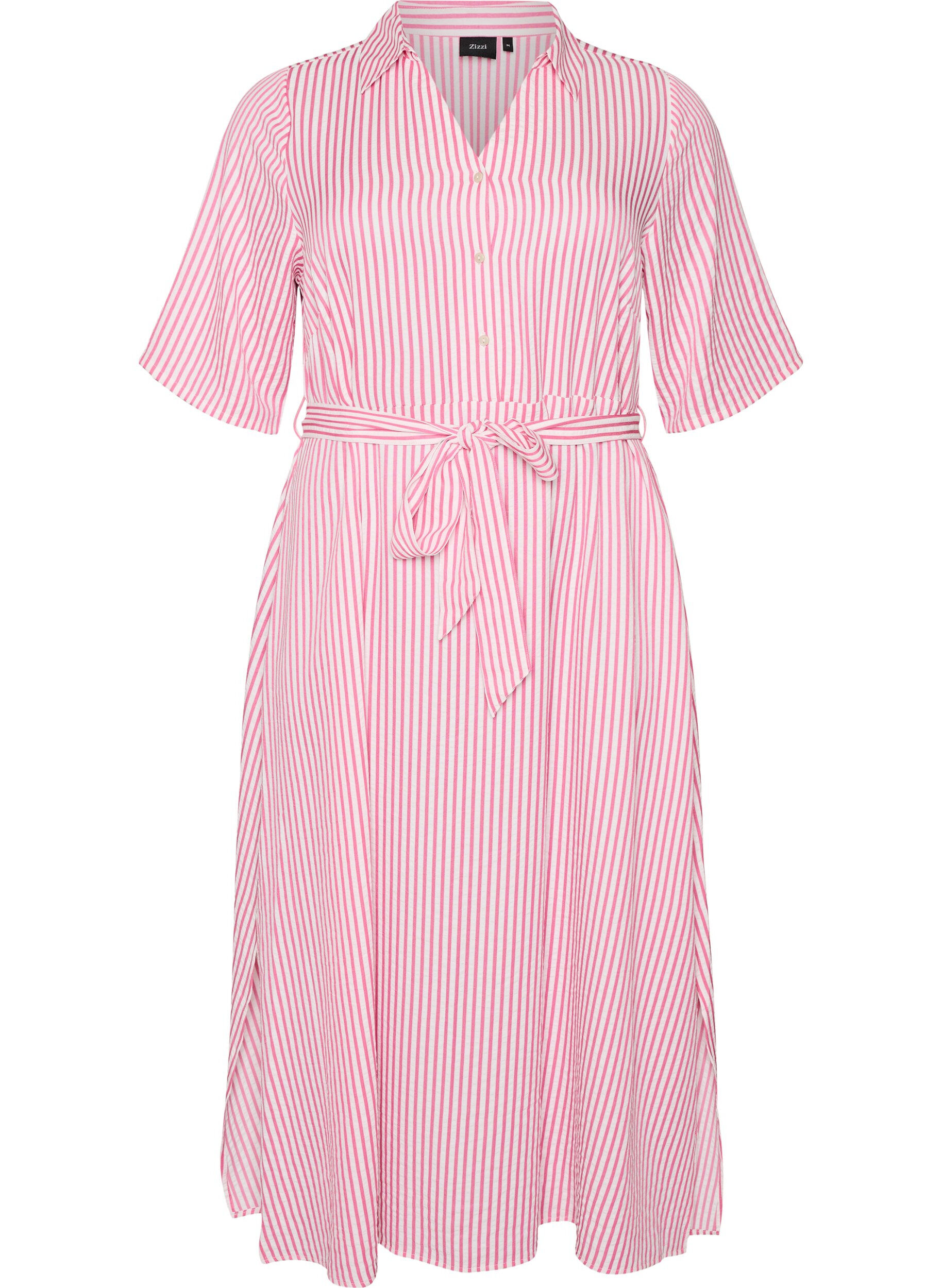 ZizziAnkell&aring;ng skjortkl&auml;nning med knytsk&auml;rp och r&auml;nder, Rosa, Packshot image number 0